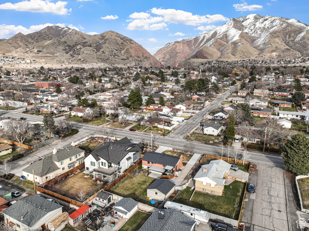 Birds eye view of property with a mountain view and a residential view