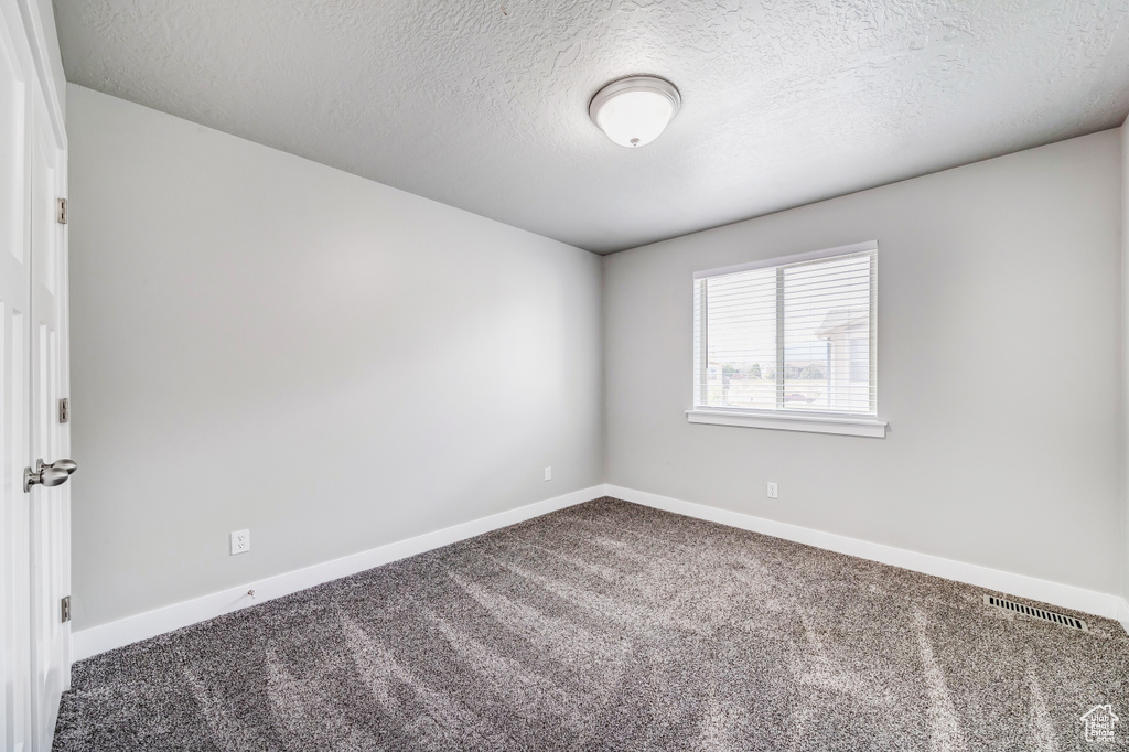 Carpeted spare room featuring baseboards, visible vents, and a textured ceiling