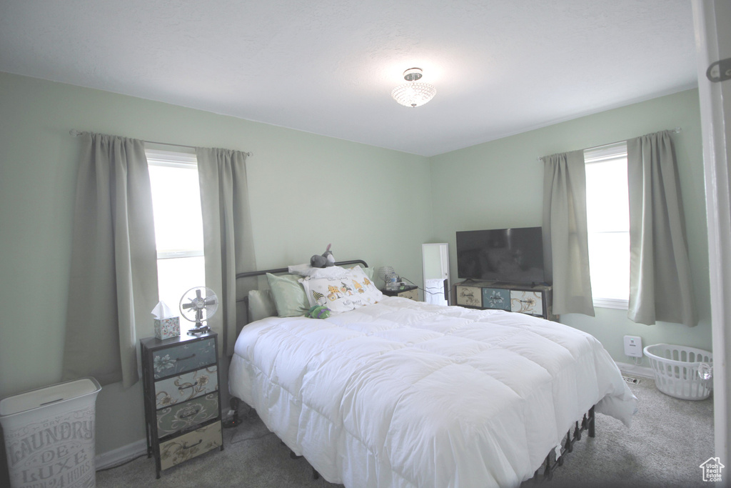 Bedroom with carpet flooring and baseboards