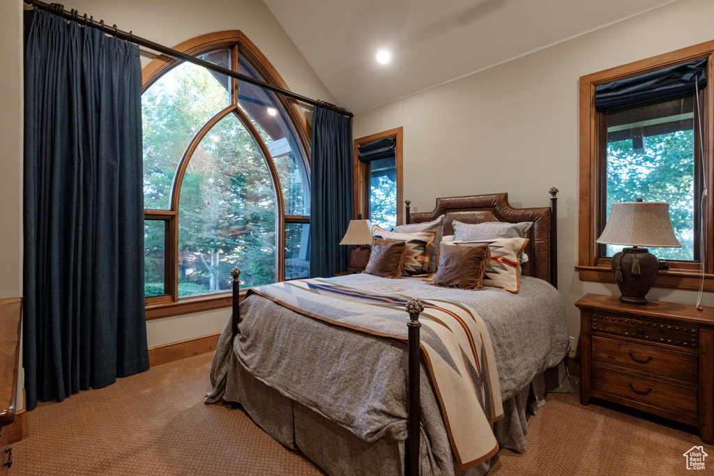 Bedroom with carpet flooring and lofted ceiling