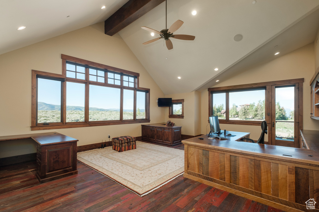Office featuring dark wood-type flooring, beam ceiling, high vaulted ceiling, a ceiling fan, and recessed lighting