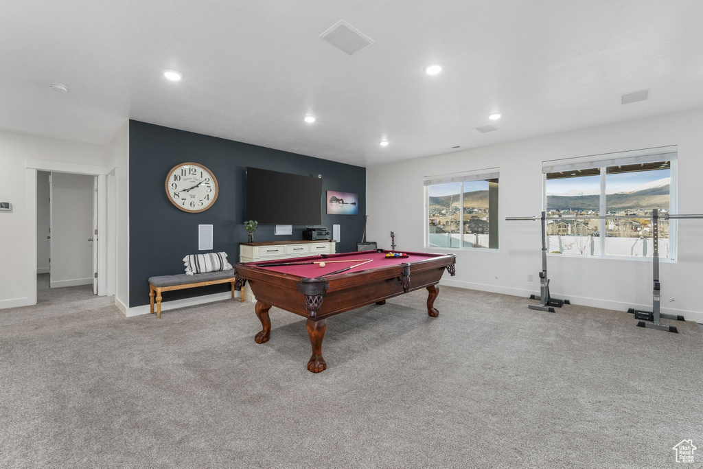 Playroom featuring recessed lighting, carpet, and baseboards