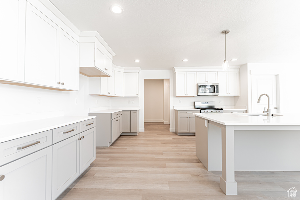 Kitchen with stainless steel appliances, a sink, recessed lighting, light wood finished floors, and decorative light fixtures
