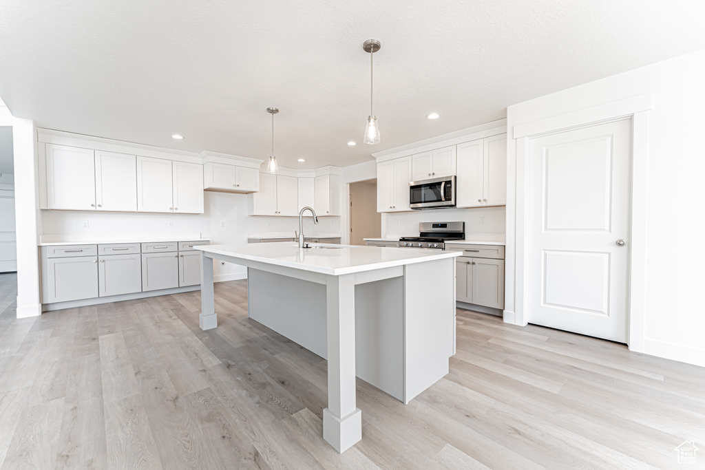 Kitchen with appliances with stainless steel finishes, a sink, recessed lighting, light wood-style floors, and a center island with sink