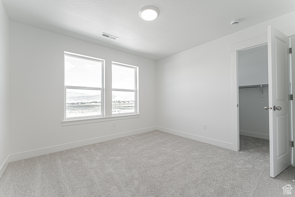 Unfurnished bedroom featuring light colored carpet, a walk in closet, a textured ceiling, baseboards, and a closet