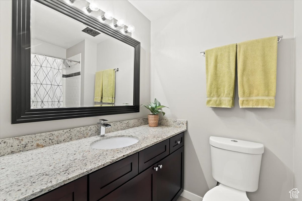 Full bathroom with toilet, vanity, and a shower with curtain