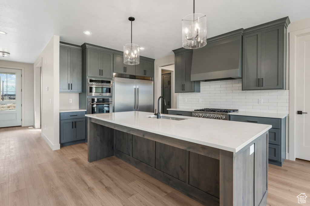 Kitchen featuring light wood finished floors, tasteful backsplash, wall chimney range hood, appliances with stainless steel finishes, and a sink