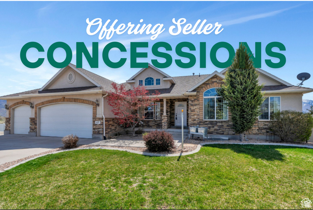View of front of house with stone siding, a front yard, a garage, concrete driveway, and stucco siding