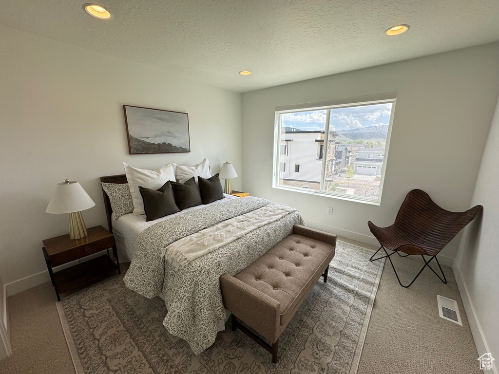 Carpeted bedroom with baseboards, recessed lighting, and a textured ceiling