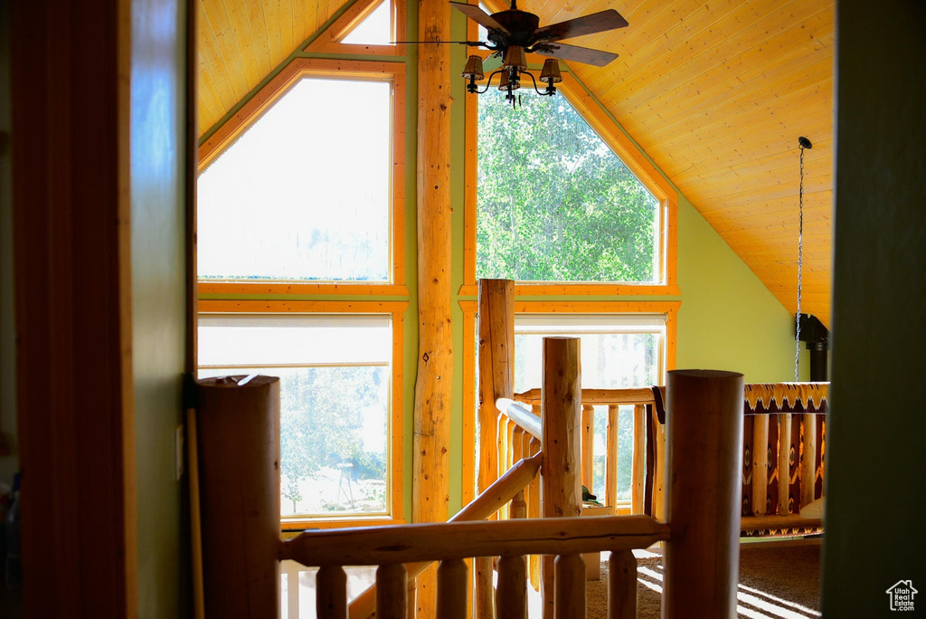 Details with wooden ceiling and ceiling fan