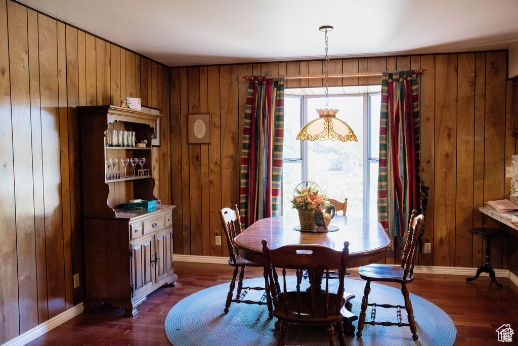 Dining area with a wealth of natural light, wood walls, baseboards, and dark wood-style flooring