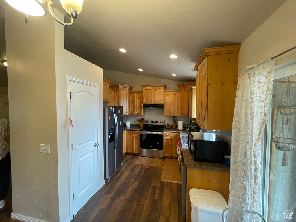 Kitchen featuring dark countertops, under cabinet range hood, recessed lighting, dark wood-style floors, and stainless steel appliances