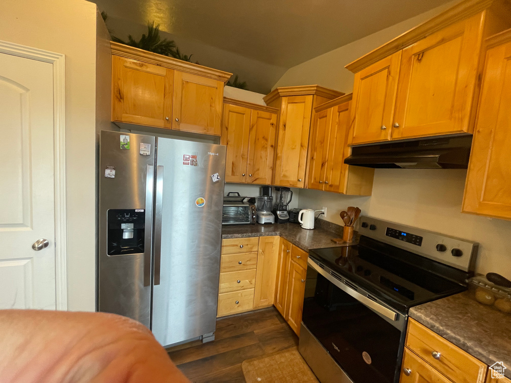Kitchen featuring dark wood-style floors, vaulted ceiling, under cabinet range hood, appliances with stainless steel finishes, and dark countertops
