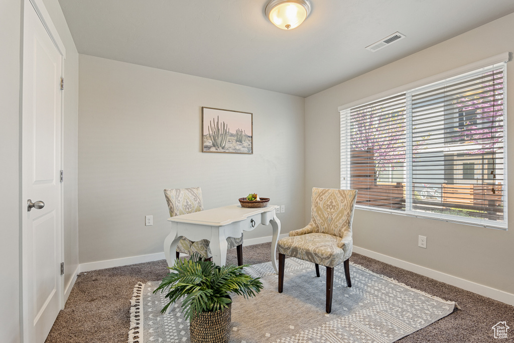 Living area with baseboards, visible vents, and carpet