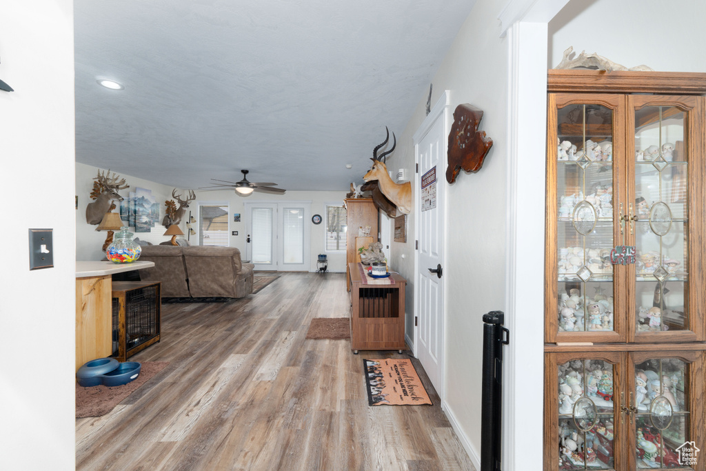 Interior space featuring light wood-type flooring and ceiling fan