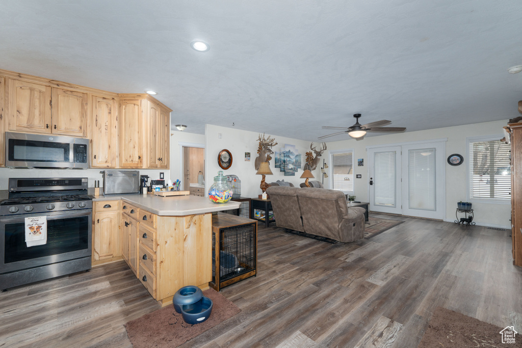 Kitchen featuring dark wood-style floors, a peninsula, light brown cabinetry, light countertops, and appliances with stainless steel finishes