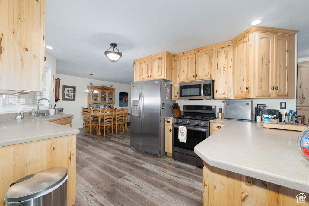 Kitchen with stainless steel appliances, wood finished floors, light brown cabinets, and light countertops