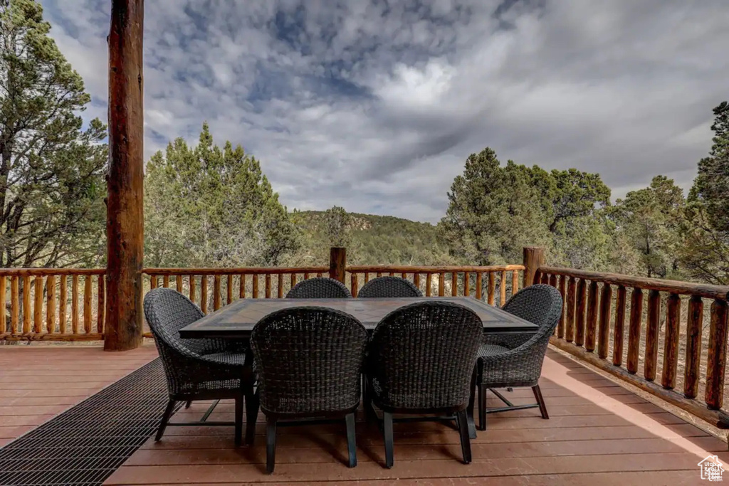 Wooden deck featuring outdoor dining space