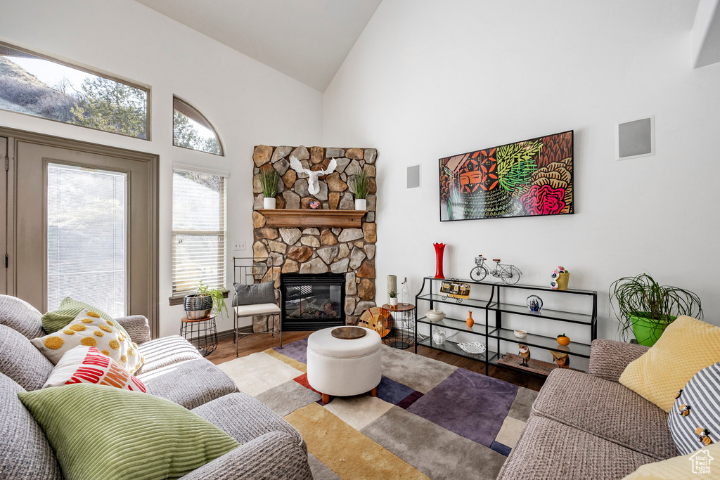 Living room featuring high vaulted ceiling and a stone fireplace