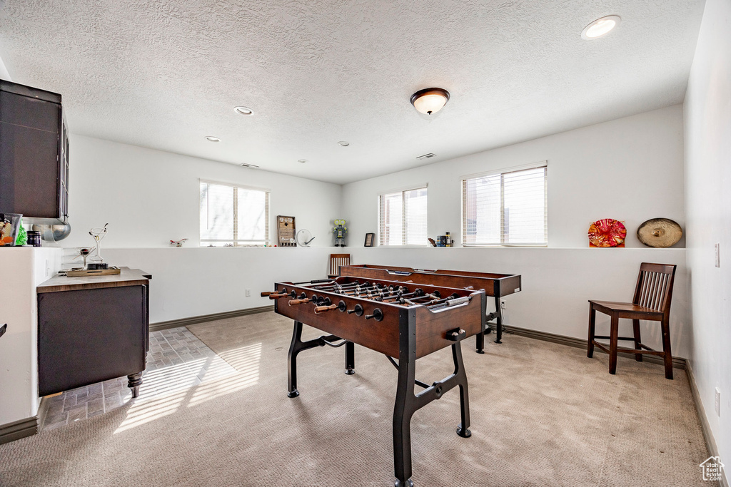 Rec room with healthy amount of natural light, light carpet, a textured ceiling, recessed lighting, and baseboards