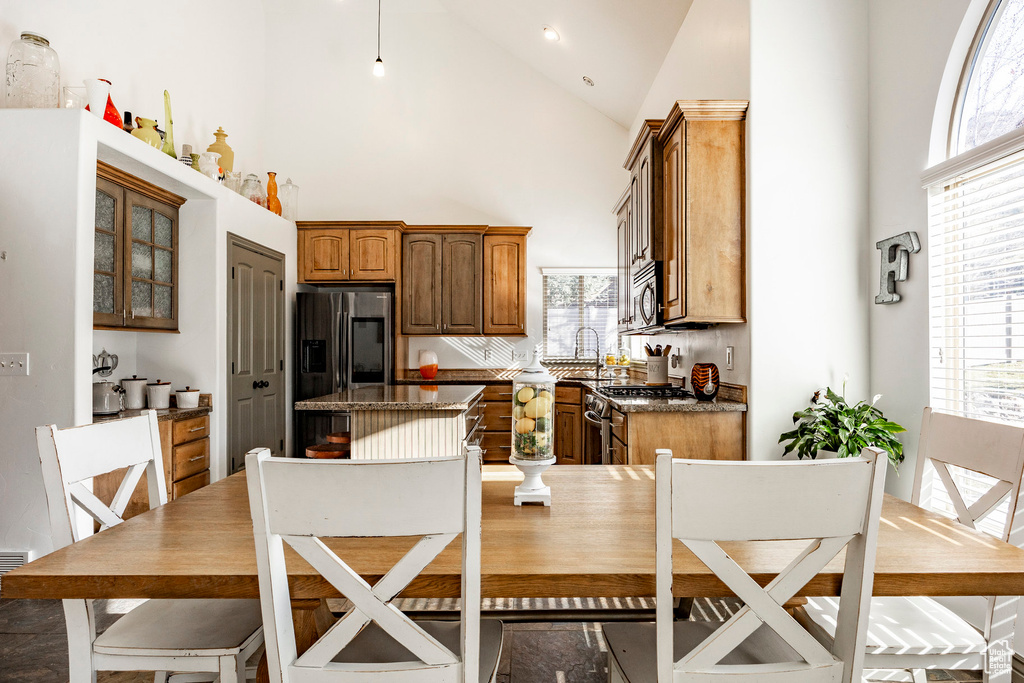 Kitchen featuring appliances with stainless steel finishes, high vaulted ceiling, a center island, healthy amount of natural light, and a sink