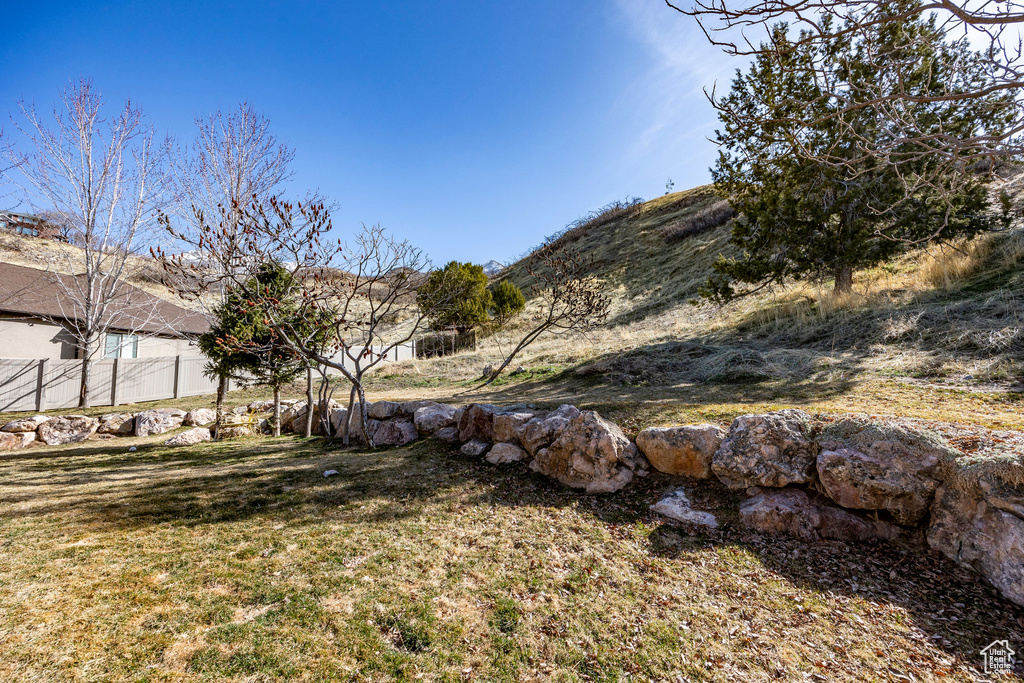 View of yard featuring fence and a mountain view