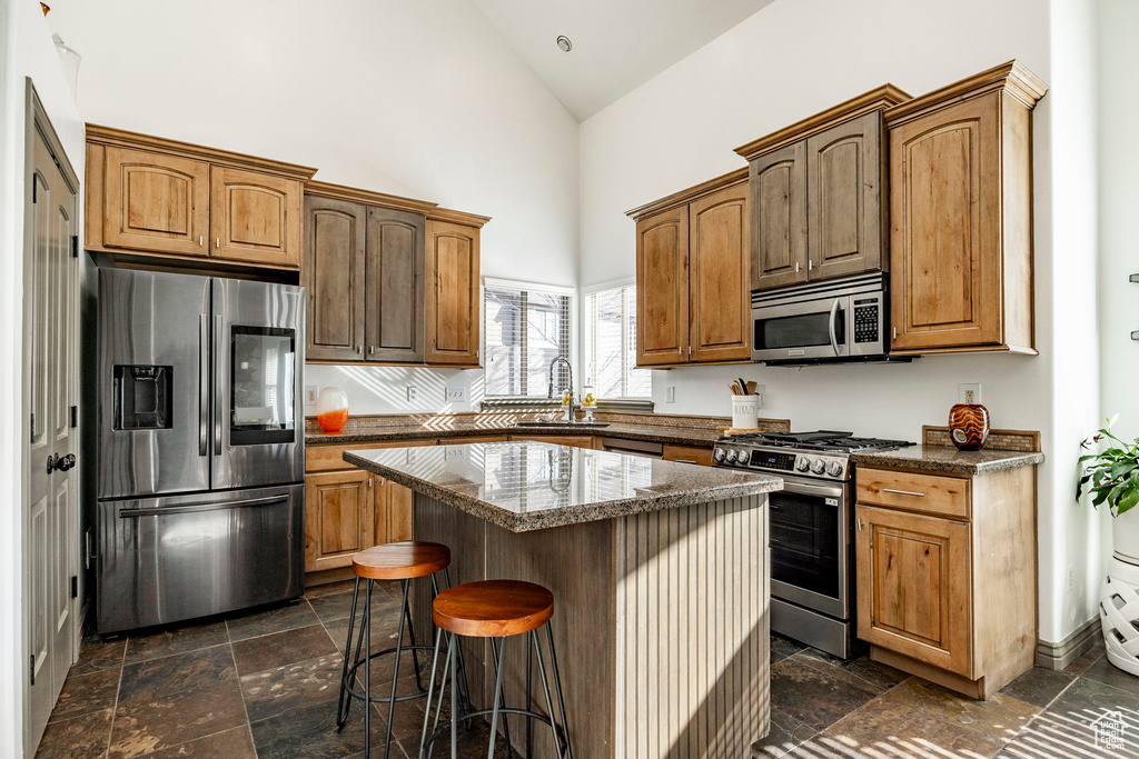 Kitchen featuring appliances with stainless steel finishes, high vaulted ceiling, a sink, stone tile floors, and a center island