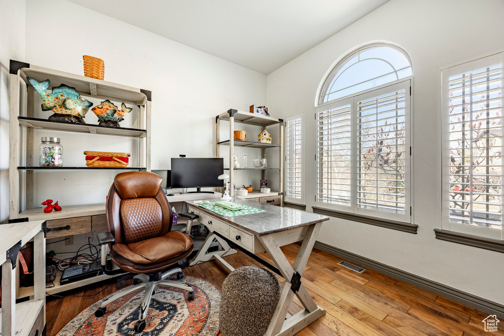 Office space featuring plenty of natural light, wood finished floors, and baseboards