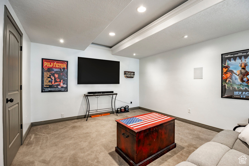 Carpeted living room with baseboards, a textured ceiling, and recessed lighting