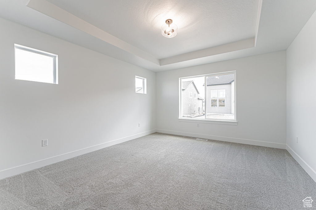 Unfurnished room with a tray ceiling and light colored carpet
