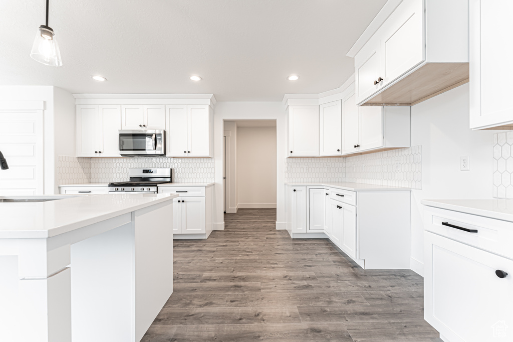 Kitchen with stainless steel appliances, tasteful backsplash, light countertops, and recessed lighting