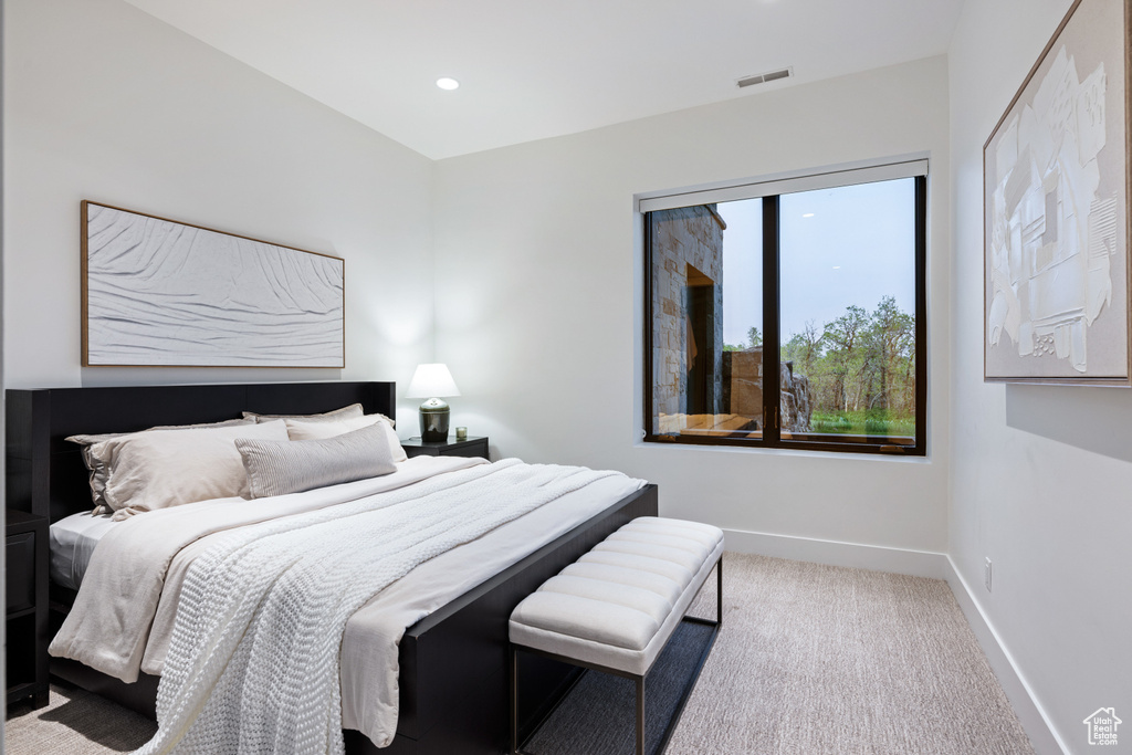 Bedroom with baseboards, carpet, and recessed lighting