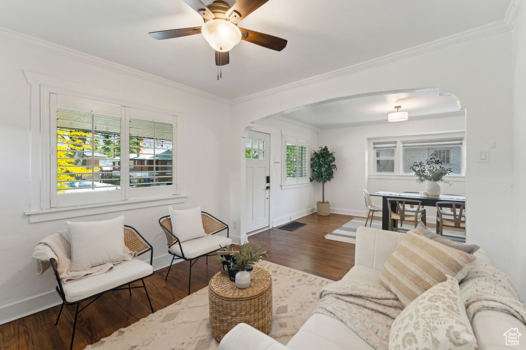 Living area with crown molding, a ceiling fan, wood finished floors, baseboards, and arched walkways