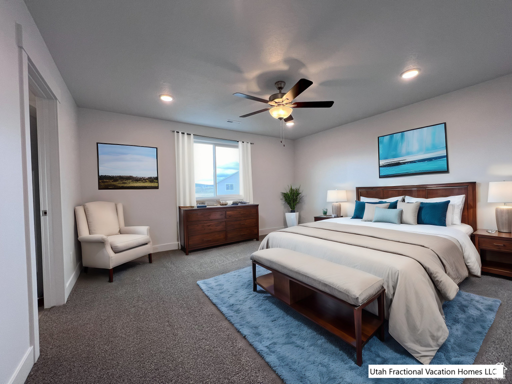 Carpeted bedroom featuring recessed lighting, a ceiling fan, and baseboards