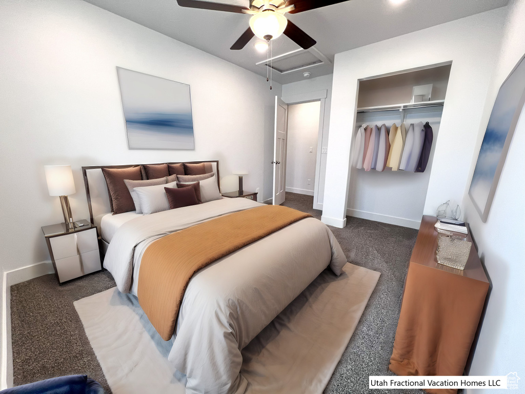 Bedroom with a ceiling fan, a closet, carpet, baseboards, and attic access