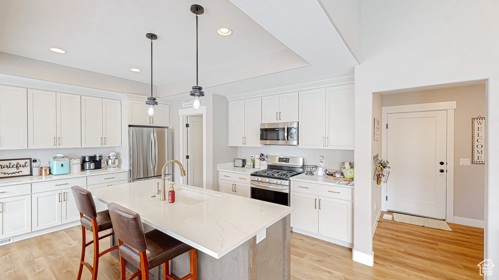 Kitchen with white cabinets, appliances with stainless steel finishes, light wood-type flooring, and a sink