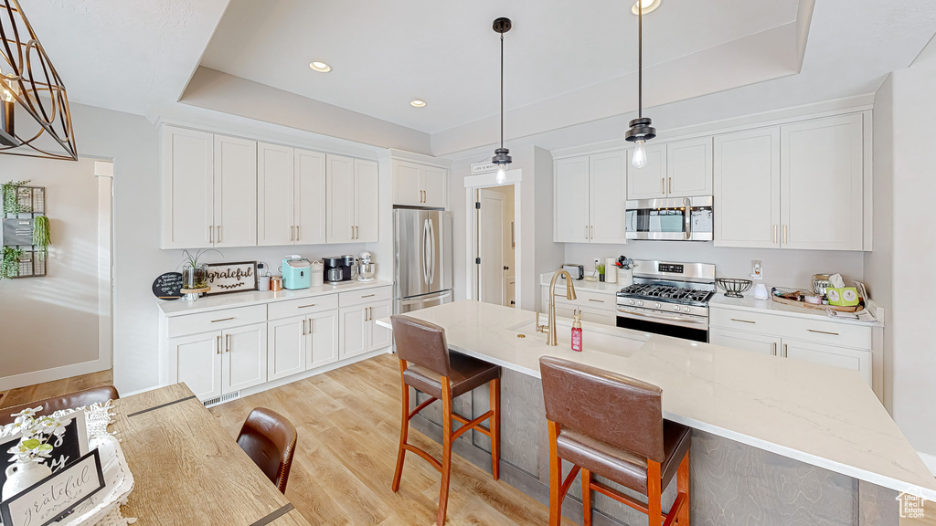 Kitchen featuring a sink, a tray ceiling, a kitchen breakfast bar, and appliances with stainless steel finishes