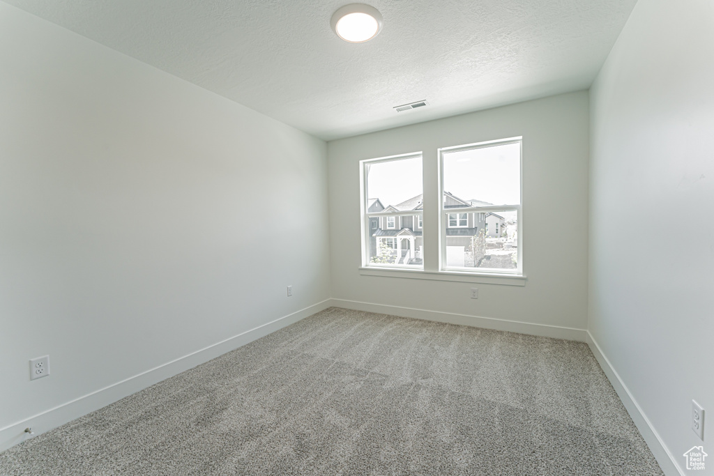 Unfurnished room featuring light colored carpet, baseboards, and a textured ceiling