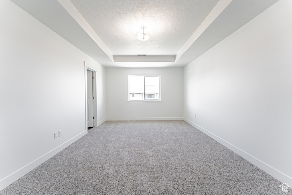 Spare room with a raised ceiling, light carpet, baseboards, and a textured ceiling