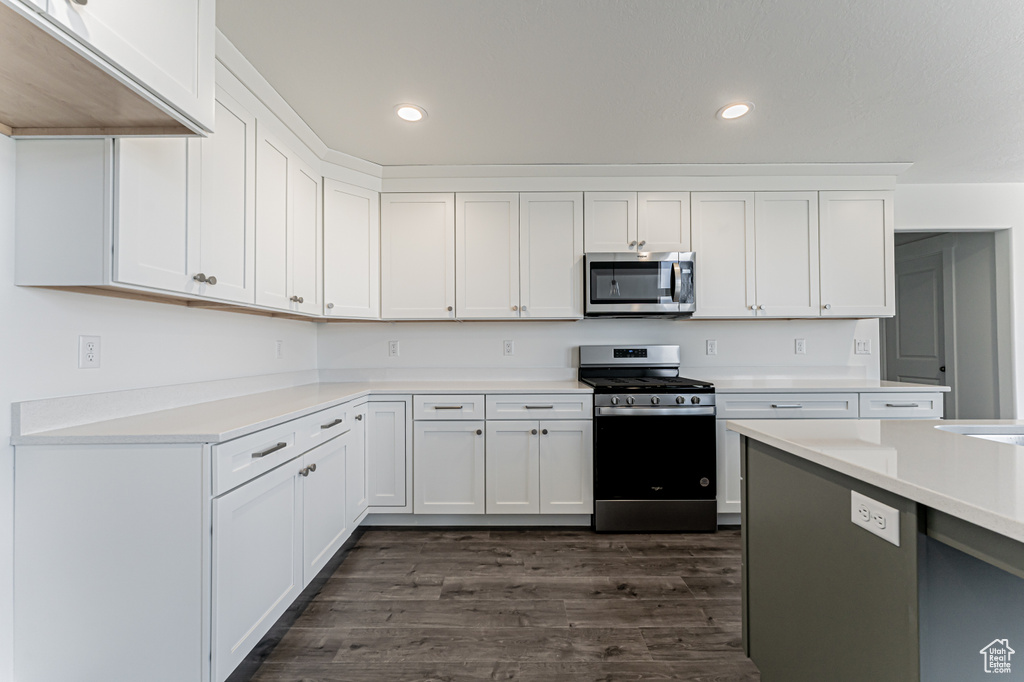Kitchen featuring stainless steel appliances, dark wood-style floors, light countertops, recessed lighting, and white cabinetry
