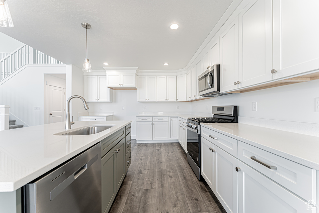 Kitchen with stainless steel appliances, a sink, dark wood-style floors, light countertops, and recessed lighting
