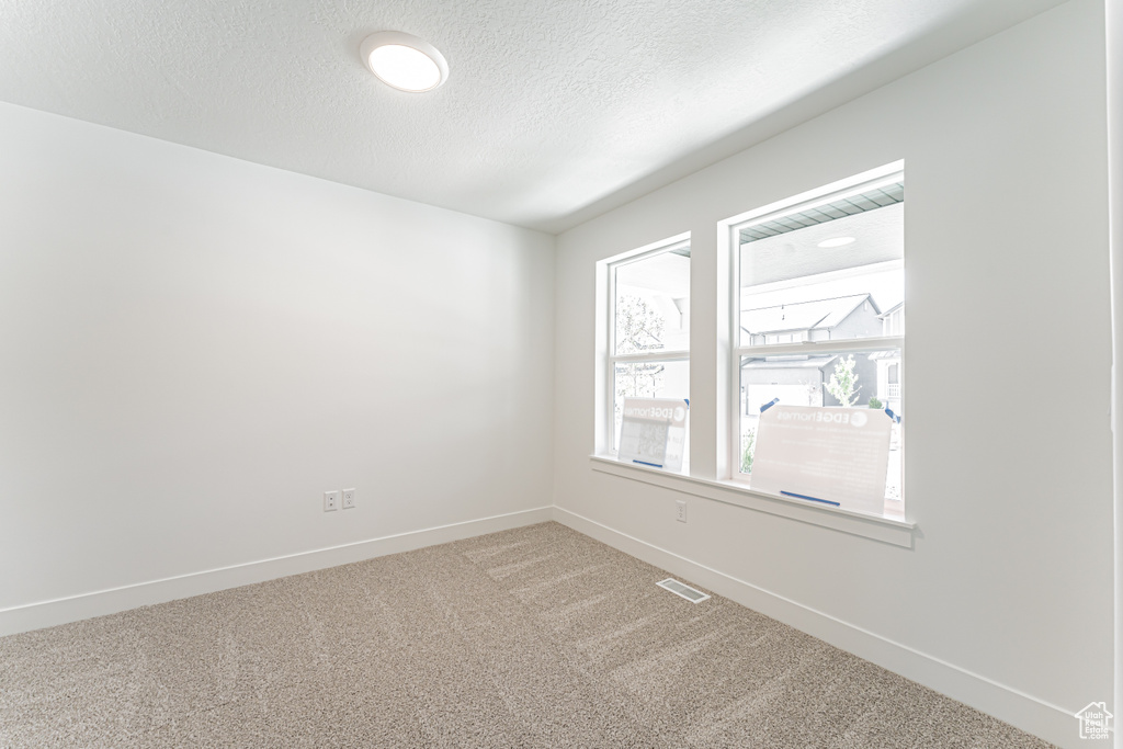 Unfurnished room with light carpet, baseboards, and a textured ceiling