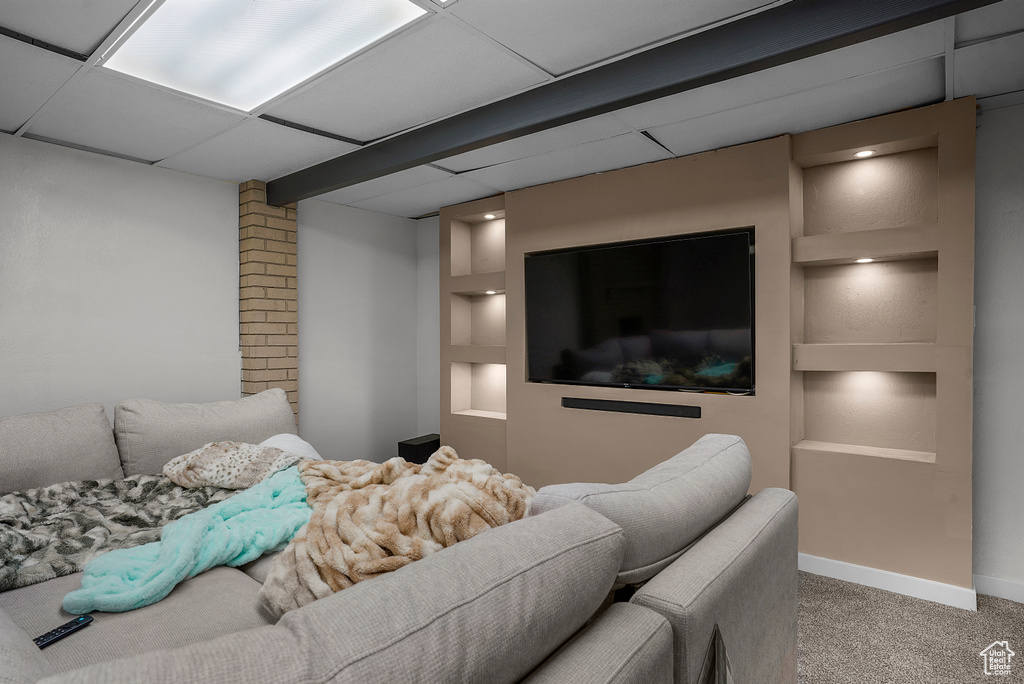 Cinema room featuring carpet flooring, a paneled ceiling, baseboards, and built in features
