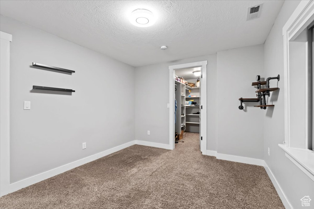 Interior space featuring baseboards, visible vents, carpet floors, a spacious closet, and a textured ceiling