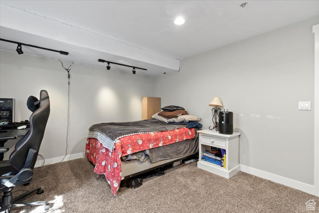 Bedroom featuring track lighting, carpet, and baseboards