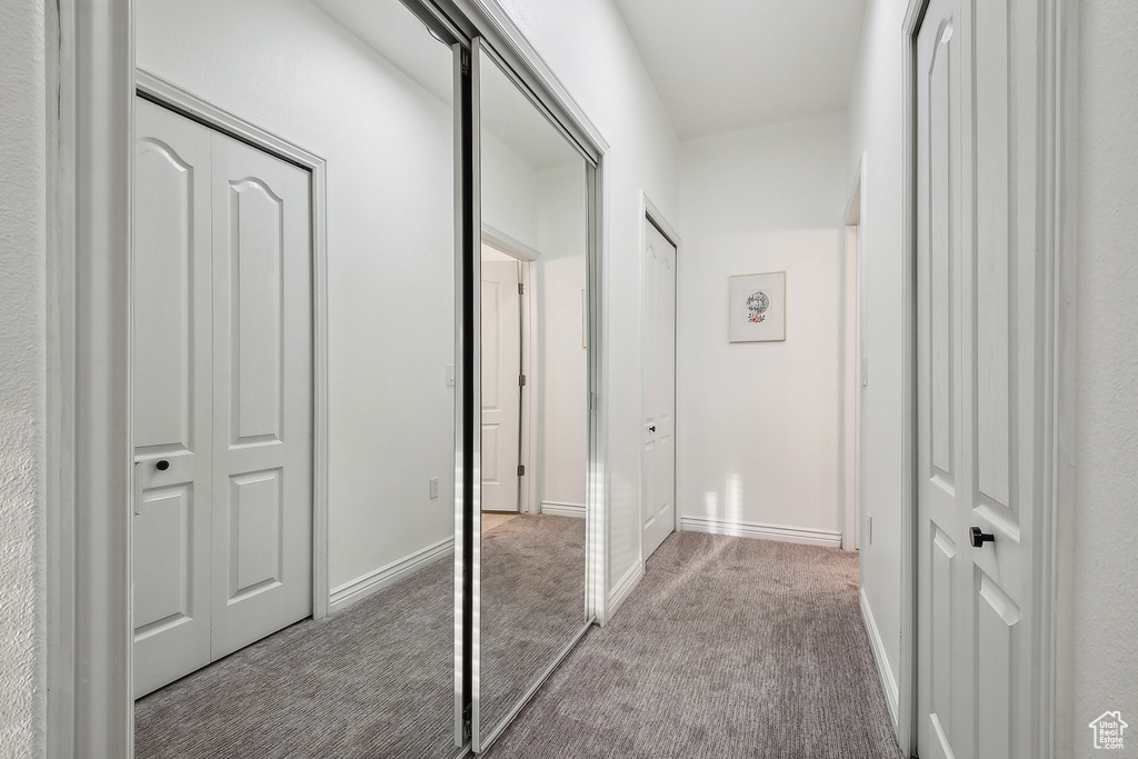 Hallway with baseboards and carpet flooring