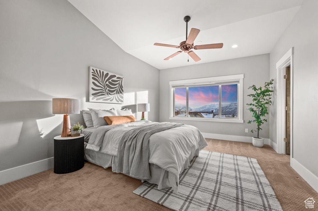 Bedroom featuring a ceiling fan, baseboards, carpet floors, lofted ceiling, and recessed lighting