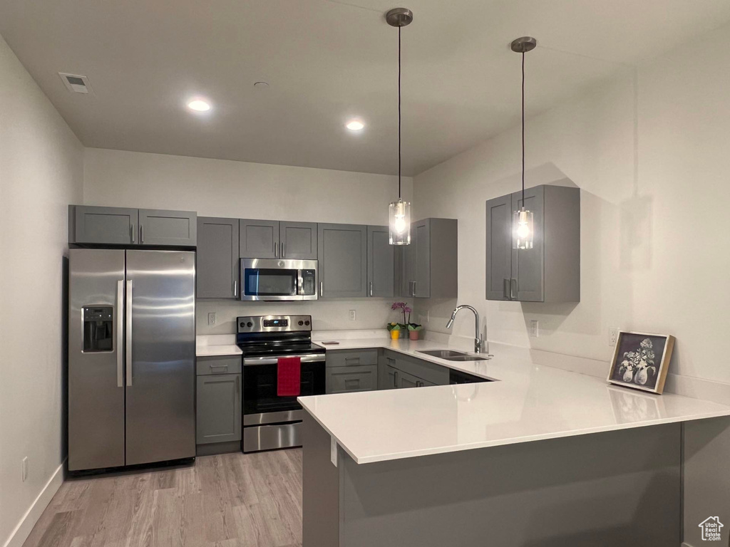 Kitchen with gray cabinetry, light countertops, appliances with stainless steel finishes, a peninsula, and a sink