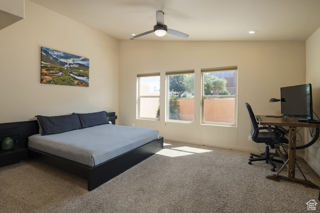 Bedroom featuring a ceiling fan, recessed lighting, carpet, baseboards, and vaulted ceiling