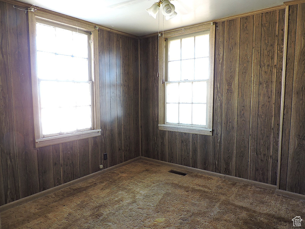 Carpeted empty room with wooden walls, plenty of natural light, and visible vents